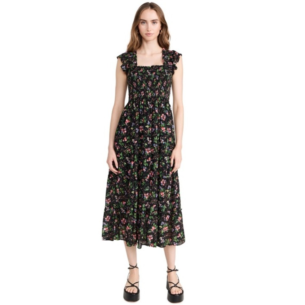 Hill House Home The Ellie Nap Dress Multi Berry Floral Smocked Midi XS Black